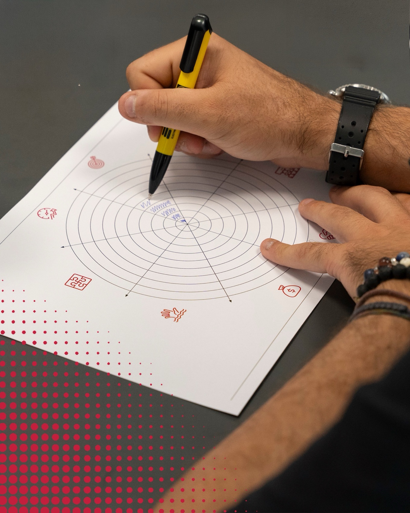Il cerchio Structogram compilato a mano durante l'autoanalisi